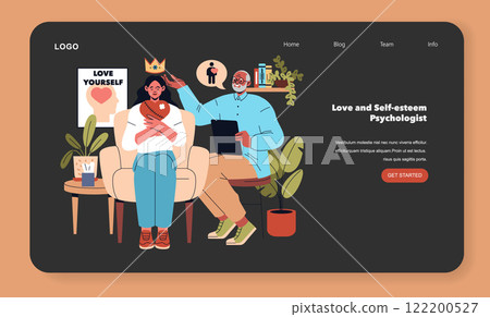 Online therapy session illustration. A psychologist fostering self-love in a comforting office setting. Mental health support, patient care, and positivity. Vector illustration. 122200527