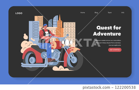 Midlife Crisis concept. Mature man on a motorcycle seeks adventure in the city. Embracing freedom, breaking routine, personal growth journey. Vector illustration. Midlife Crisis concept. Mature man on a motorcycle seeks adventure in the city. Embracing freedom, breaking routine, personal growth journey. Vector illustration. 122200538