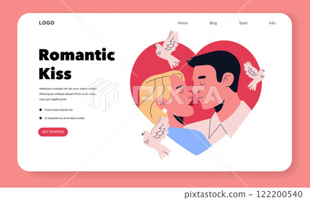 Valentine's Day illustration. A romantic scene featuring a couple sharing a kiss, surrounded by a heart shape and doves symbolizing love and peace. Perfect for expressing affection and celebrating 122200540