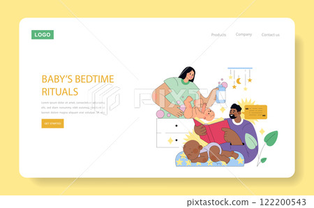 Family Bedtime Routine concept. Parents engaging in nightly rituals with their baby for a peaceful sleep. Bottle feeding, storytelling, and cuddling. Vector illustration. 122200543