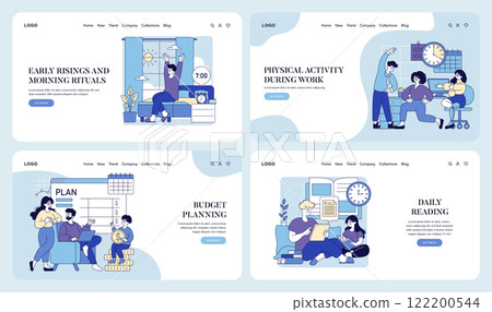 Lifestyle set. Focus on healthy habits and personal management for enhanced well-being. Emphasizes morning routines, workplace activity, budgeting, and reading habits. Vector illustration. Lifestyle set. Focus on healthy habits and personal management for enhanced well-being. Emphasizes morning routines, workplace activity, budgeting, and reading habits. Vector illustration. 122200544