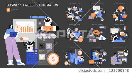 Business Process Automation set. Streamlined workflows with robotic helpers. Efficiency in financial, sales, and customer service sectors. Vector illustration. Business Process Automation set. Streamlined workflows with robotic helpers. Efficiency in financial, sales, and customer service sectors. Vector illustration. 122200548