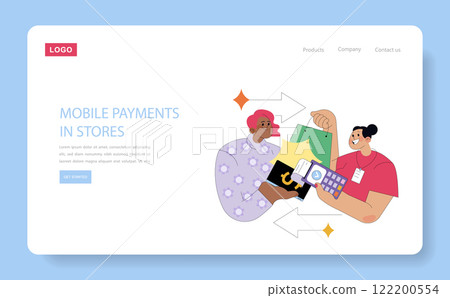 Financial Technologies concept. Seamless mobile payments in stores illustrated with customers using smartphone POS transactions. Vector illustration. 122200554