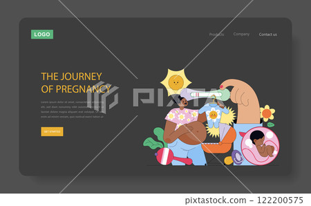 Pregnancy journey illustration. Maternal health and prenatal care with diverse elements of gestation. Expectant mother, fetus growth, and maternity joy. Vector illustration. 122200575