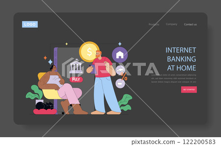 Financial Technologies concept. Illustration of seamless online banking at home, with users conducting transactions on mobile devices. Convenience of digital payments. Vector illustration. 122200583