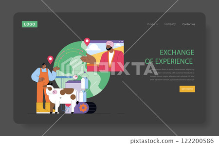 National Agriculture Day concept. Farmers share knowledge across the globe. Sustainable farming practices, innovation, and community support. Vector illustration. 122200586