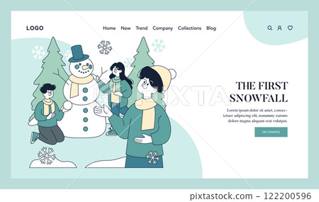 Winter Joy concept. A heartwarming scene of people enjoying the first snowfall by building a snowman amidst pine trees. Seasonal happiness, winter activities. Vector illustration. 122200596