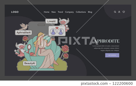 Olympic Gods Synergy AI concept. Modern twist on Aphrodite with AI elements in a web interface design. Mythology meets technology in a unique fusion. Vector illustration. 122200600