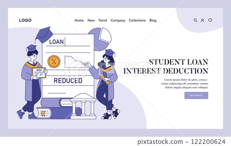 Student Loan Interest Deduction concept. Graduates learn about reduced loan rates and tax benefits. Financial education for post-college debt management. Vector illustration. Student Loan Interest Deduction concept. Graduates learn about reduced loan rates and tax benefits. Financial education for post-college debt management. Vector illustration. 122200624