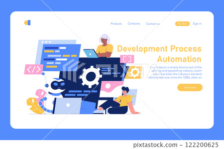 Development Process Automation concept. Illustration of professionals using automated tools to streamline coding tasks. Vector illustration. Development Process Automation concept. Illustration of professionals using automated tools to streamline coding tasks. Vector illustration. 122200625
