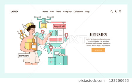 Olympic Gods Synergy concept. Hermes with modern logistics technology, blending ancient mythology with AI and global delivery. Vector illustration. Olympic Gods Synergy concept. Hermes with modern logistics technology, blending ancient mythology with AI and global delivery. Vector illustration. 122200633