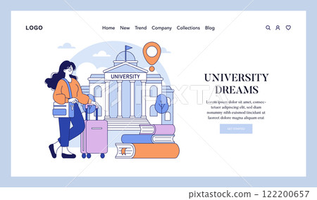 University Dreams concept. A young student arrives at campus with luggage, ready to start her higher education journey. Aspiration meets academic aspiration in this scene. Vector illustration. University Dreams concept. A young student arrives at campus with luggage, ready to start her higher education journey. Aspiration meets academic aspiration in this scene. Vector illustration. 122200657