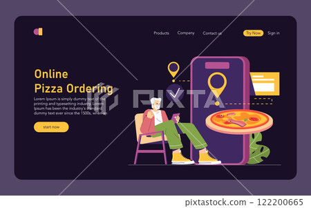 Online Pizza Ordering concept. Digital platforms enhance the convenience of ordering pizza. The image shows a person using a phone for delivery, symbolizing modern dining. Vector illustration. 122200665