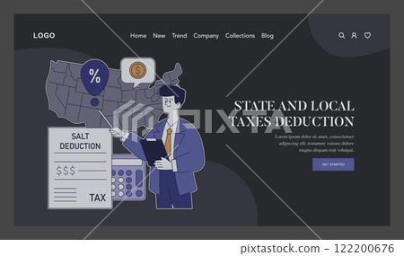 Tax Deductions concept. A professional explains state and local tax deductions over a US map background. Calculator and paperwork for financial planning. Vector illustration. 122200676