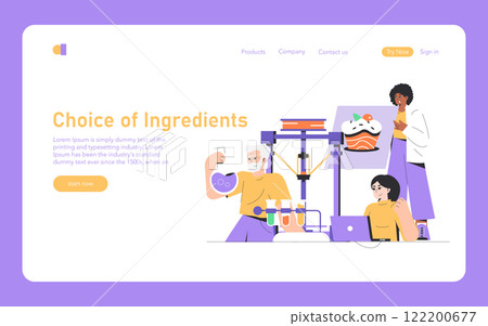 Food Printing concept. Future technology in preparing meals, with characters engaging with a food printer. Modern culinary techniques and innovations. Vector illustration. 122200677