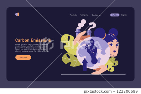 Carbon Emissions concept. Illustration of industrial impact on climate with factory emissions engulfing earth. Environmental concerns and pollution. Vector illustration. 122200689