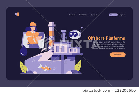 Oil and Gas Industry concept. An engineer oversees operations on an offshore drilling platform, marine life below. Environmental impact of energy production. Vector illustration. 122200690