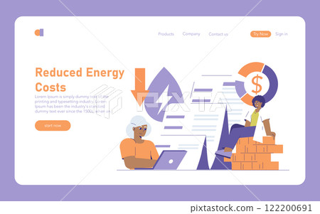 Energy savings concept. Professionals managing finances to reduce electricity expenses. Renewable resources for cost-efficient power. Vector illustration. Energy savings concept. Professionals managing finances to reduce electricity expenses. Renewable resources for cost-efficient power. Vector illustration. 122200691