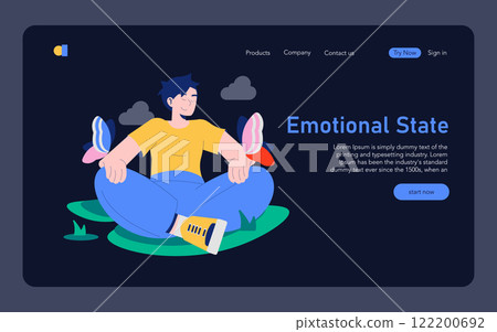 Care Day concept. Illustration of a relaxed man meditating on a web page interface promoting emotional well-being. Mindfulness and self-care theme. Vector illustration. 122200692