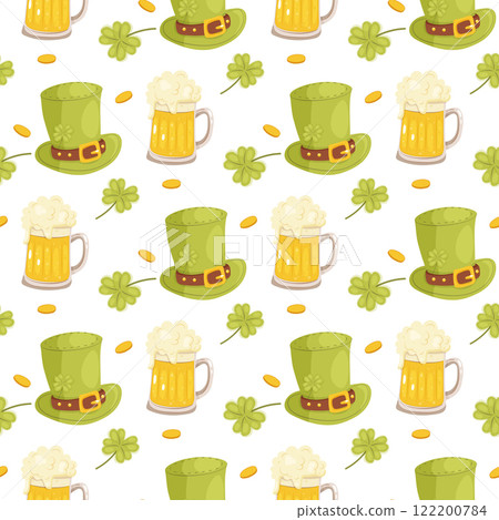 Seamless St. Patricks pattern. Beer, hat, shoes and striped gaiters. On background, wrapping paper, fabric 122200784