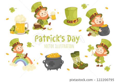 St. patricks day, clip art, cute leprechaun set, hat, beer and clover 122200795