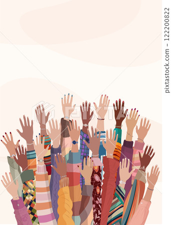 Raised hands of group multicultural women. International women s day. Diversity - inclusion - equality - girl power or empowerment concept Raised hands of group multicultural women. International women s day. Diversity - inclusion - equality - girl power or empowerment concept 122200822