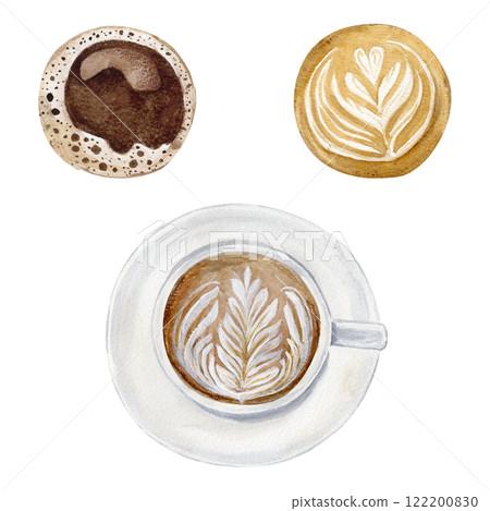 watercolor set of a coffee mug and coffee with different designs that can be used in different ways watercolor set of a coffee mug and coffee with different designs that can be used in different ways 122200830