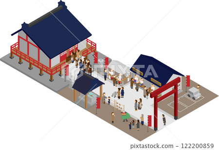 Isometric illustration of a crowded shrine during the New Year's visit 122200859