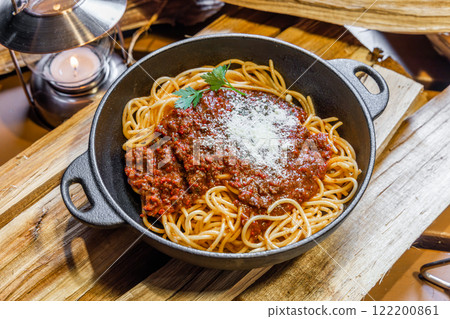 Homemade pasta at outdoor campsite 122200861