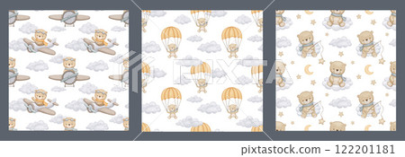 Seamless pattern with cute bear in neutral colors Bear pilot on airplane, hand drawn watercolor illustration on white repeat background for baby fabric 122201181