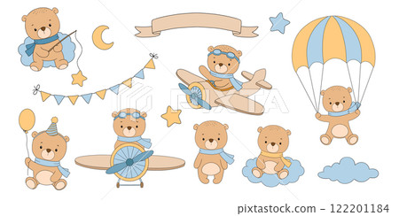 Cute baby bear pilot on airplane, with parachute and balloon, vector hand drawn illustrations set isolated on white background for kids Cute baby bear pilot on airplane, with parachute and balloon, vector hand drawn illustrations set isolated on white background for kids 122201184