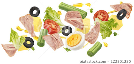 Falling Nicoise salad ingredients isolated on white background with clipping path, package design element Falling Nicoise salad ingredients isolated on white background with clipping path, package design element 122201220