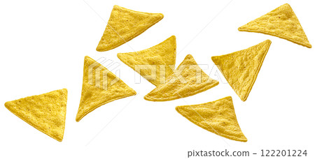 Falling nachos isolated on white background with clipping path 122201224