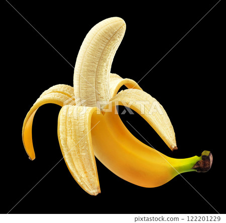 Half peeled banana isolated on black background, package design element Half peeled banana isolated on black background, package design element 122201229