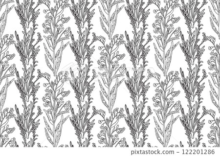 Abstract seamless Line art floral pattern vector illustration. Black and white outline repeating botanical wildflowers. Graphic design for Print Wallpaper Cover Fabric Wrapping Wedding Greeting Card 122201286