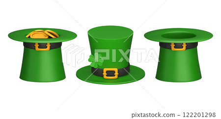 Set of 3d realistic green leprechaun top hat with a gold buckle and four-leaf clover. St. Patrick's Day decorative element. Vector realistic illustration Isolated on white background Set of 3d realistic green leprechaun top hat with a gold buckle and four-leaf clover. St. Patrick's Day decorative element. Vector realistic illustration Isolated on white background 122201298