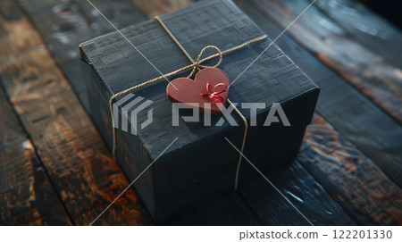 Gift box with gold ribbon and red wooden heart, symbol of love, perfect for wedding or Valentine's Day decoration. 122201330