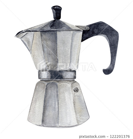 Watercolor illustration with geyser metal coffee maker on white background 122201376