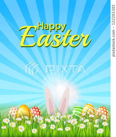 Happy Easter poster, white cute bunny ears, color eggs, eggs hunt 122201385