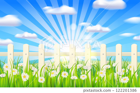 Spring green grass, daisy flowers, white fence, sun rays 122201386