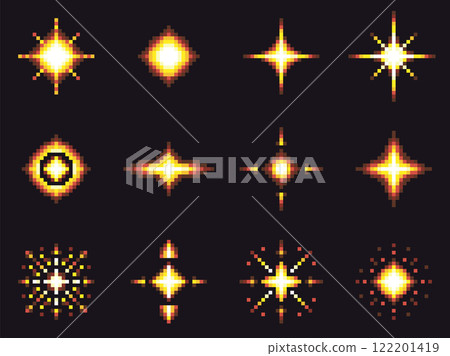 Cartoon Color Pixelated 8 Bit Light Effects Symbol of Energy Icon Set. Vector illustration of Bright Flare or Spark 122201419