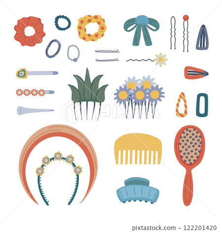 Cartoon Color Different Hair Accessories Object Set Concept Flat Design Style. Vector illustration of Barrette and Hairpins 122201420