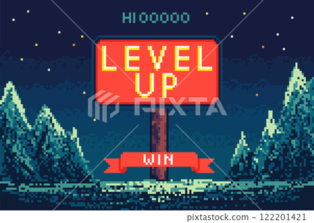 Cartoon Color Pixelated 8 Bit Level Up Screen Background Arcade Interface. Vector illustration of Pixel Art Next Level Cartoon Color Pixelated 8 Bit Level Up Screen Background Arcade Interface. Vector illustration of Pixel Art Next Level 122201421
