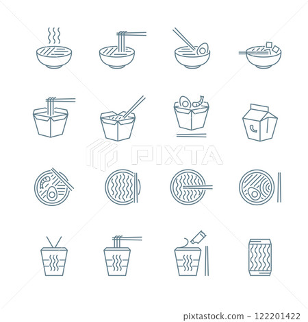 Noodle Japanese Food Sign Black Thin Line Icon Set. Vector illustration of Instant Noodles in Box and Asian Ramen Soup Icons 122201422