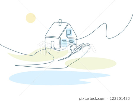 Hand Holding House Model One Continuous Line Drawing Sign Emblem. Vector illustration of Building Simple Linear Style Hand Holding House Model One Continuous Line Drawing Sign Emblem. Vector illustration of Building Simple Linear Style 122201423