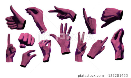 Realistic Halftone Dotted Human Hands Different Gestures Set Bad and Good Signs Collage Element . Vector illustration of Pointing Hand 122201433