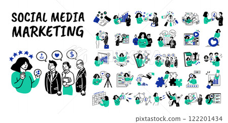 Cartoon Color Social Media Marketing Concept Set Concept Set Flat Design Style. Vector illustration of Scenes with Women and Men 122201434