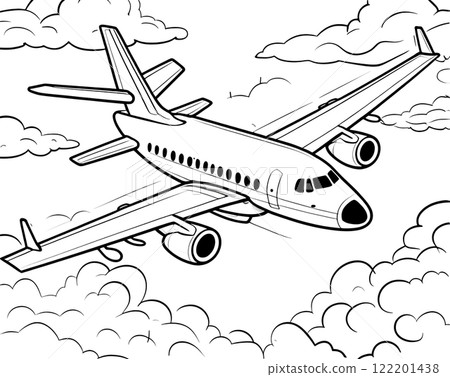 a black-and-white outline drawing of a passenger airplane in mid-flight, with two engines visible under the wings 122201438