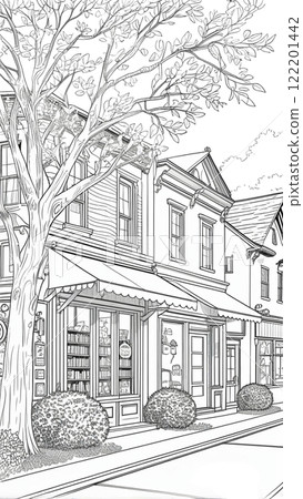 a charming black-and-white line art illustration of a small-town street scene. Feature a cozy bookstore, a bakery, and a residential house, all arranged side by side 122201442
