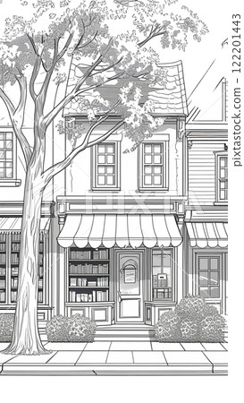a charming black-and-white line art illustration of a small-town street scene. Feature a cozy bookstore, a bakery, and a residential house, all arranged side by side 122201443